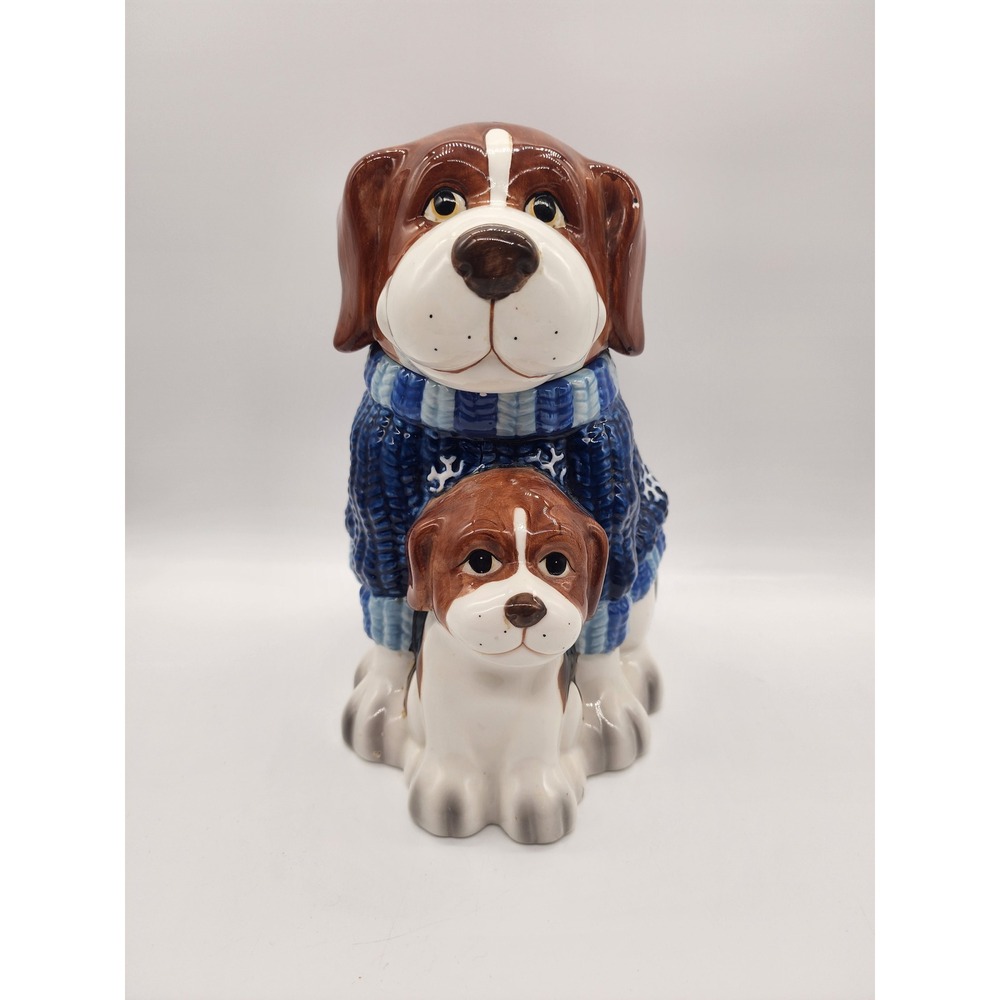 Ceramic Beagle Dog in Blue Sweater Cookie Jar Winter Holiday Puppy Canister